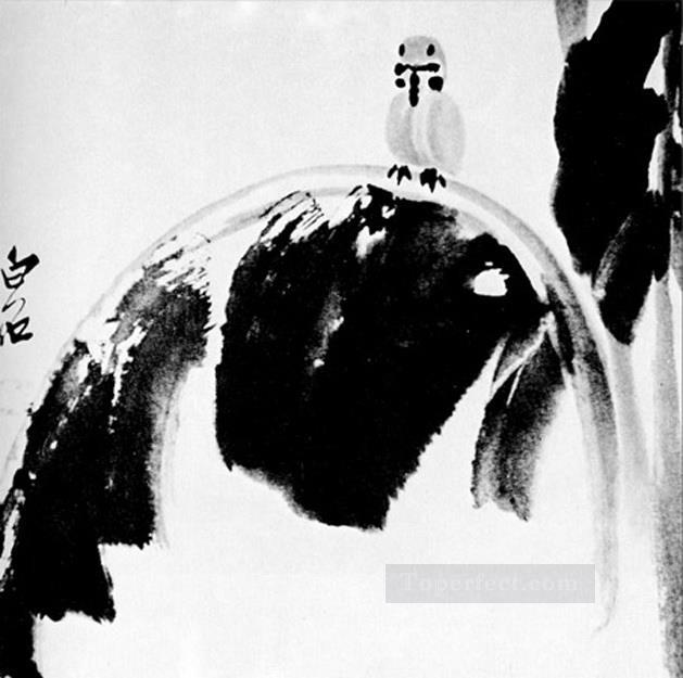 Gorrión Qi Baishi sobre una hoja de plátano tinta china antigua Pintura al óleo